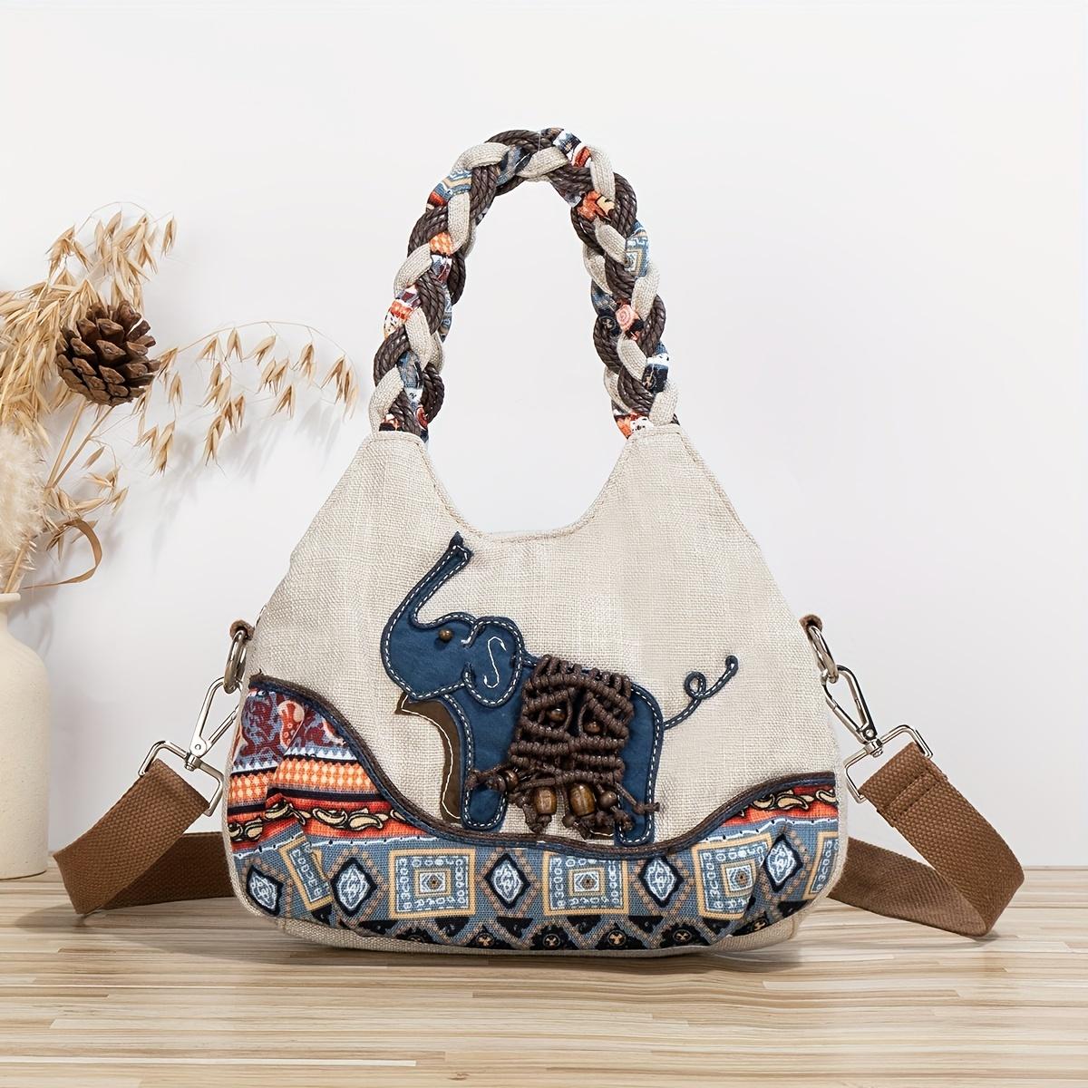 RUWB BAGS Casual handgeweven olifantenpatroon crossbodytassen voor vrouwen draagbare multifunctionele schoudertas dames canvas handtas wit