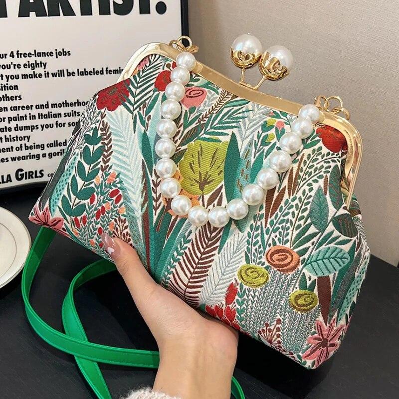 RUWB BAGS Elegante Dames Groen Roze Schoudertassen Canvas Shell Clips Mode Dame Parels Handtas Dagelijks Retro All-match Chain Crossbody Bags roze