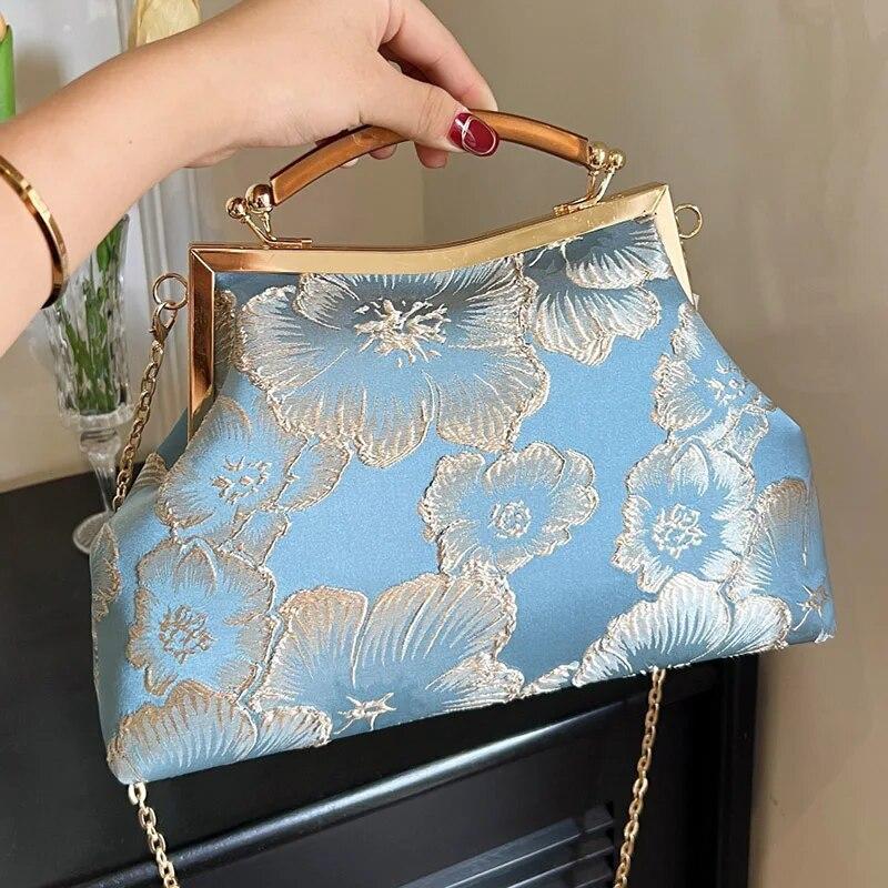 RUWB BAGS Vintage Designer Lock Shell Clip Handgemaakte ketting schoudertassen Borduurbloem Crossbody Tas Lady Chic Handtassen Avondkoppeling goud