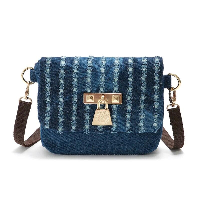 RUWB BAGS 2024 Zomer Zoete Meisjes Straat Casual Denim Gat Schoudertassen Handtassen Vrouwen Casual Flap Messenger Bag About 18cm 6cm 15cm donkerblauwe kleur