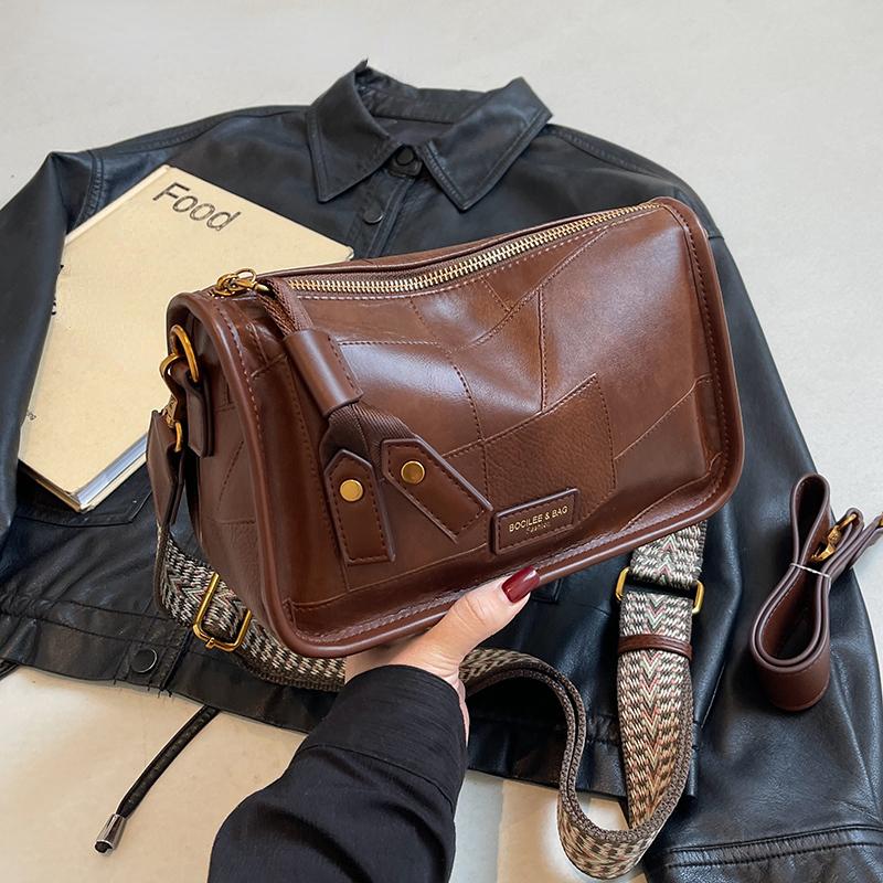 RUWB BAGS Retro Kleine Splicing Lederen Mode Vrouwen Handtassen en Portemonnees 2024 Vrouwelijke Vintage PU Lederen Crossbody Tassen Trend Schoudertassen bruin