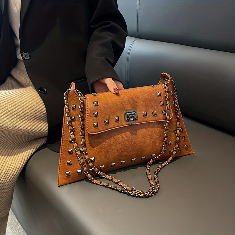 RUWB BAGS Vintage Rivets Decor Chain Bag Turn-Lock Classic Schoudertas All-Match Damesportemonnee Voor Dagelijks Gebruik bruin