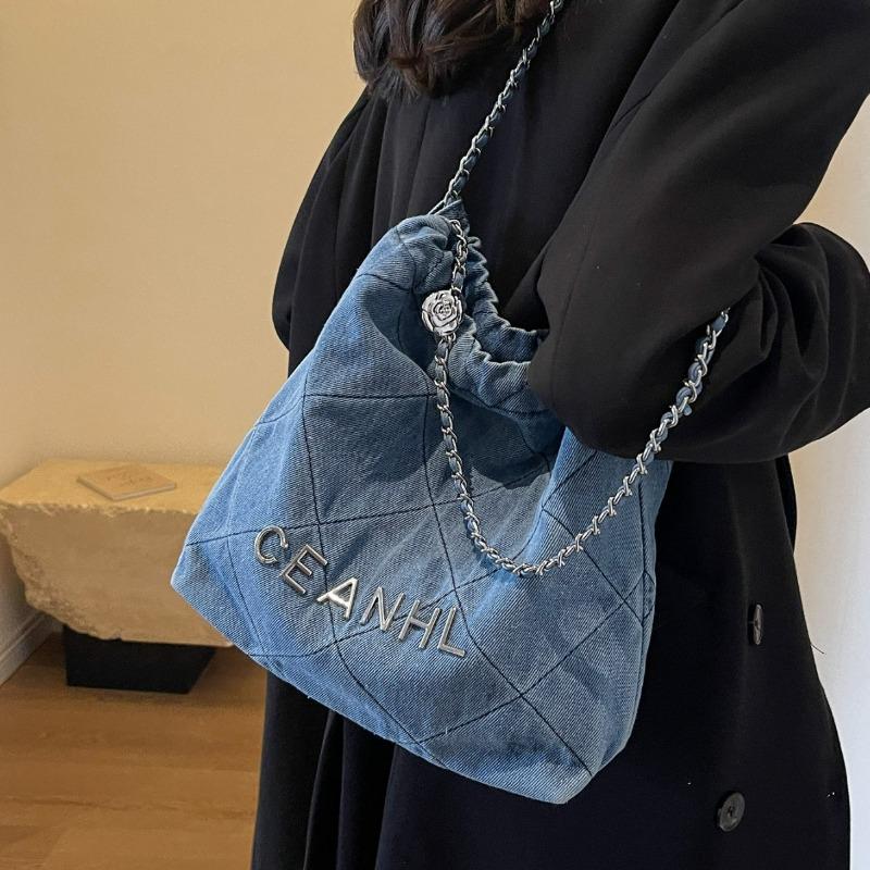 JINBAOSEN BAG Forenzentas voor dames in het voorjaar van 2024, nieuwe denim diamantgrid kettingtas, modieuze grote capaciteit enkele schoudertas
