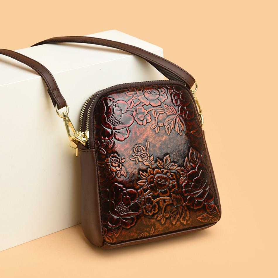 Leather bag Kleine vintage schoudertassen met bloemenpatroon voor dames Hoogwaardige zachte leren dames crossbody messenger bag Designer Sac groen