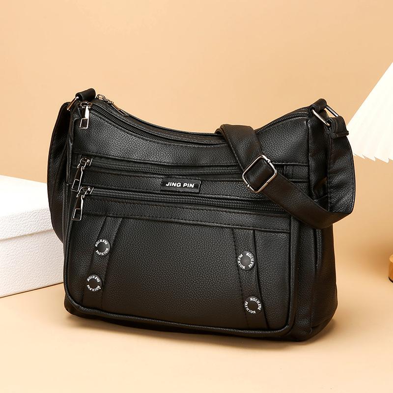 Kuluosidi Middelbare moedertas Damestas met meerdere lagen Grote capaciteit Zachte leren schoudertas Crossbody tas Mobiele telefoontas zwart