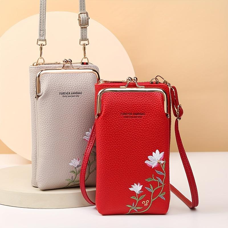 RUWB BAGS Mini bloemen geborduurde crossbody tas Stijlvolle dames casual handtas met kaarthouder Portemonnee portemonnee en telefoonvak Dagelijks gebruik en reizen zwart