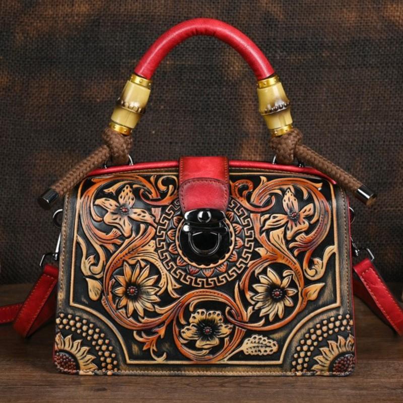RUWB BAGS Vintage luxe handtas handgemaakte leren gesneden damestas veelzijdige vrouwelijke schouder- en crossbodytassen bruin
