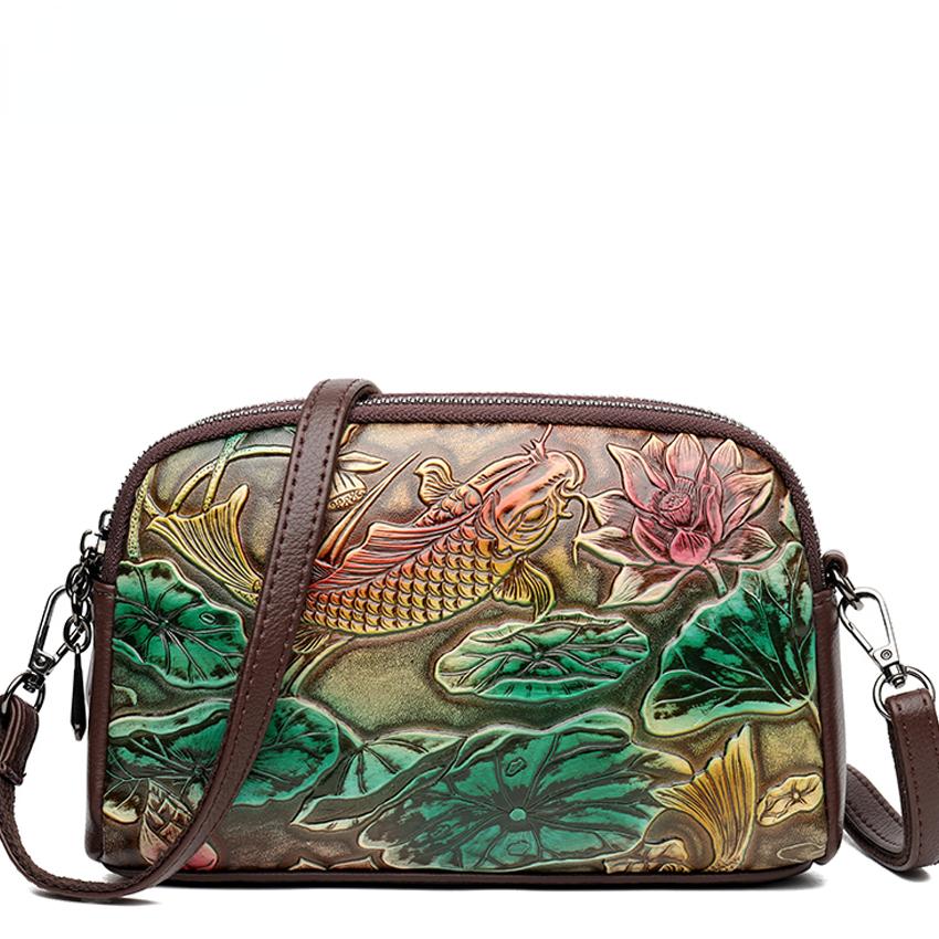 RUWB BAGS Hoge kwaliteit lederen handtas, luxe ontwerper, retro etnische stijl, 3D-geprinte schoudertas, mode, diagonale kruiszak, telefoontas zwart