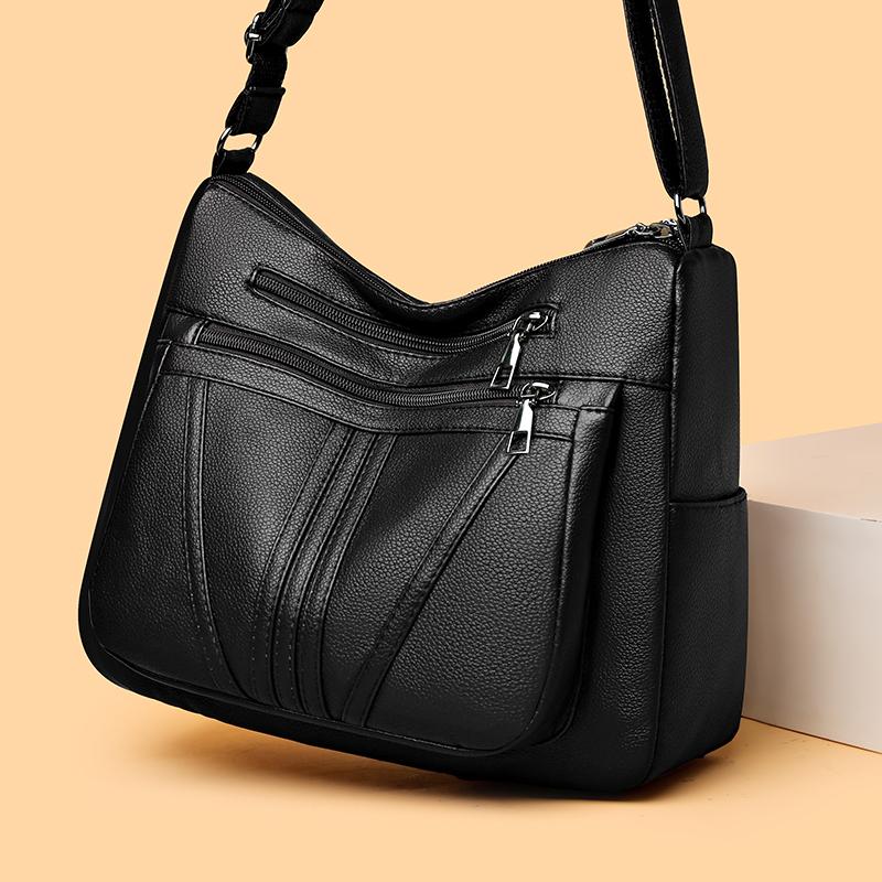 Kuluosidi Zachte leren tas voor dames, schoudertas voor middelbare en oudere moeders, kleine vierkante tas zwart