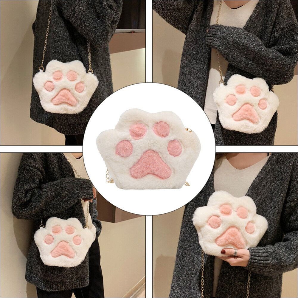 Haneng17 Ketting Crossbody Handtas Pluche Schoudertas Kattenpoot Ketting Messenger Bag Pluche Beer Tas wit