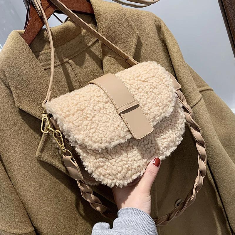 Leather bag Winter Messenger Weave Strap Bag Pluche Bont Tas Okseltas Schoudertas Crossbody Tassen Dames Handtas kaki
