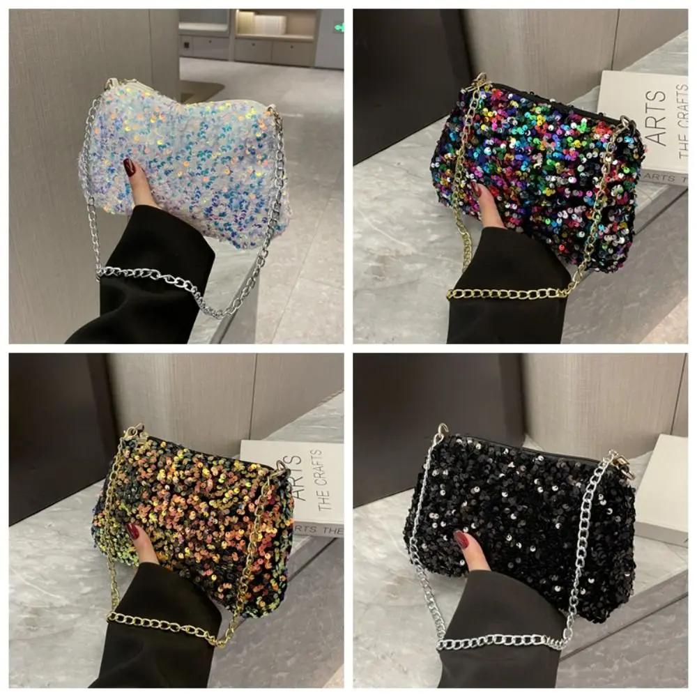 Leather bag Effen kleur pailletten crossbody tas eenvoudige ketting kleine vierkante tas handtas oksel tas avond clutch tas zwart