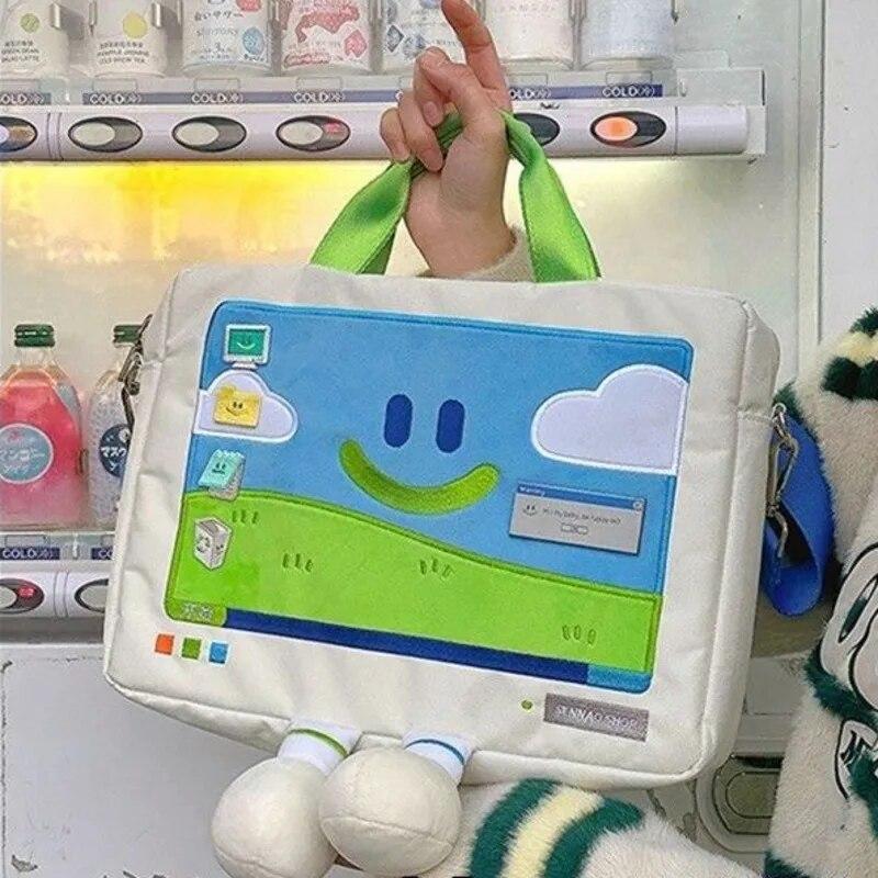 RUWB BAGS Grappige cartoon lachend gezicht schoudertas voor studenten All-match borduurwerk laptoptassen Mode grote capaciteit veelzijdige tassen beige
