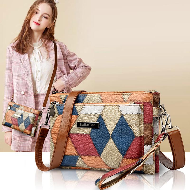 Kuluosidi Zachte leren crossbodytas voor dames, contrasterende stiksels, moedertas, enkele schoudertas, kleine tas, meerlaagse tas, mobiele telefoontas