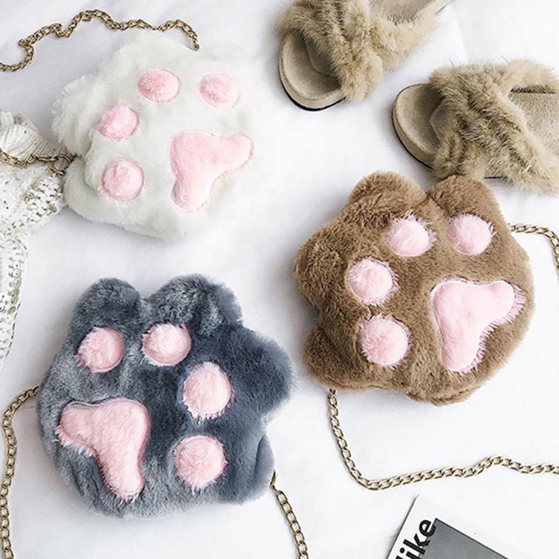 BOOSKU Cartoon schattige pluche kattenpoot tas ketting meisjes tas bruin