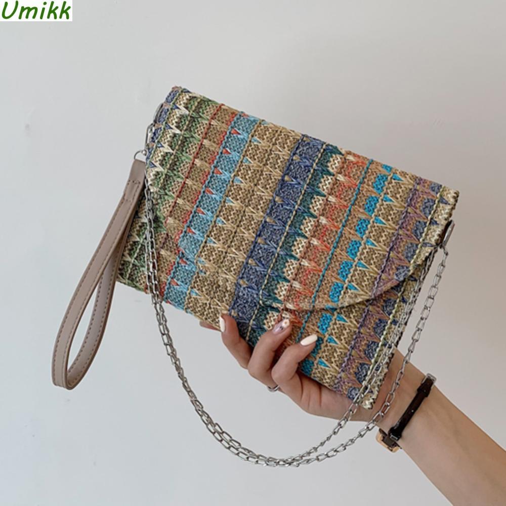 Warm clothes family Boho Zomer Strand Handtas met Kettingband Kleurrijke Gestreepte Geweven Envelop Portemonnee Crossbody Schoudertas voor Vrouwen blauw