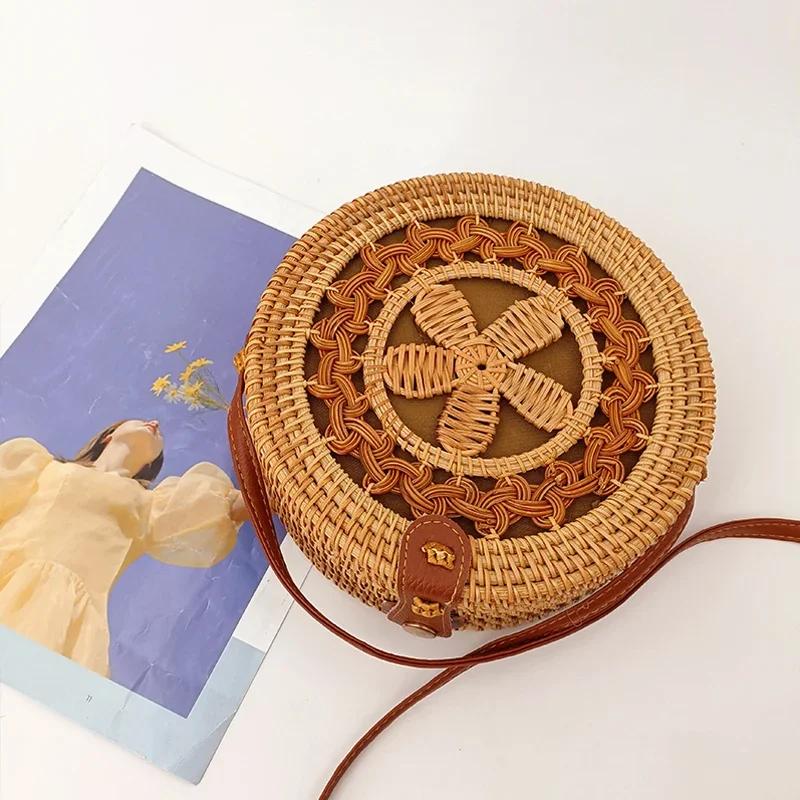 Warm clothes family Zomer Ronde Stro Tassen voor Vrouwen Rotan Schoudertas Reizen Handgemaakte Geweven Strand Handtassen Vrouwelijke Kleine Crossbody Totes Tas