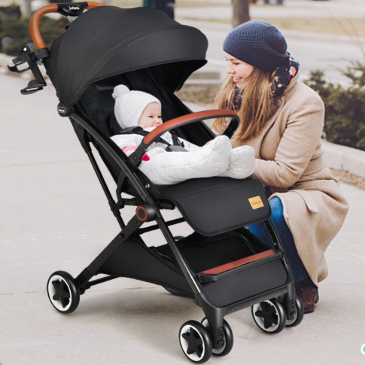 Costway Opvouwbare Kinderwagen Wandelwagen met Verstelbare Rugleuning en Kap Babywagen met Bekerhouder 5-Punts Gordel (Zwart)