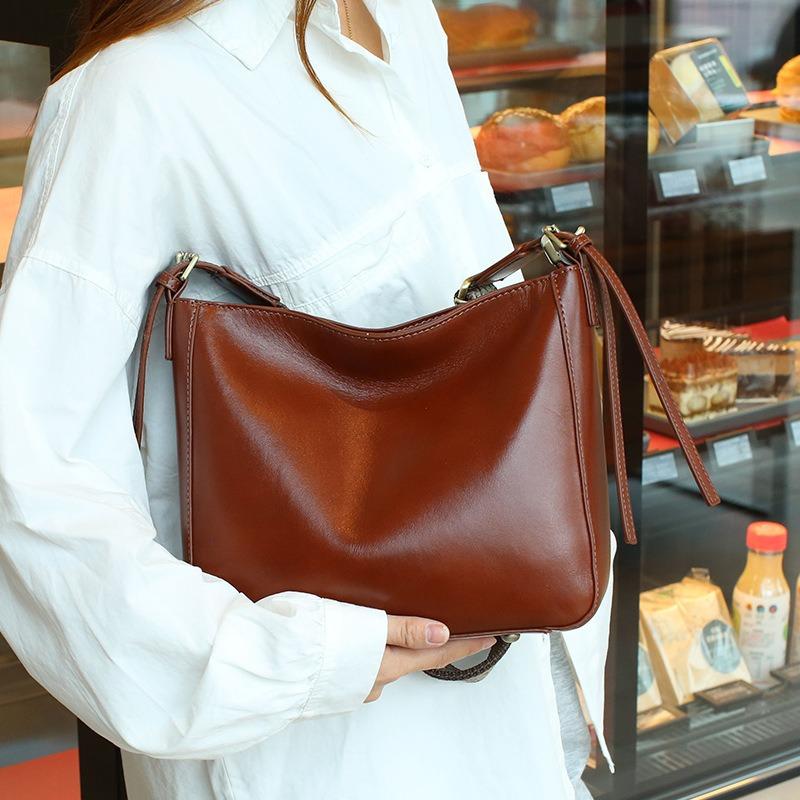 Sports Trend Bag Tas Dames Crossbody Tas Echt Leer Dames Tas Bucket Bag Premium Touch Plantaardig Gelooid Leer Vintage Forensentas donkerbruine kleur