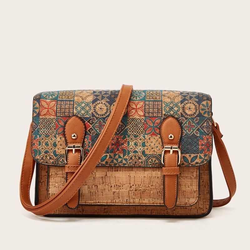 VIA ROMA Grote capaciteit enkele schoudertas met print, retro etnische stijl, messenger bag voor dames