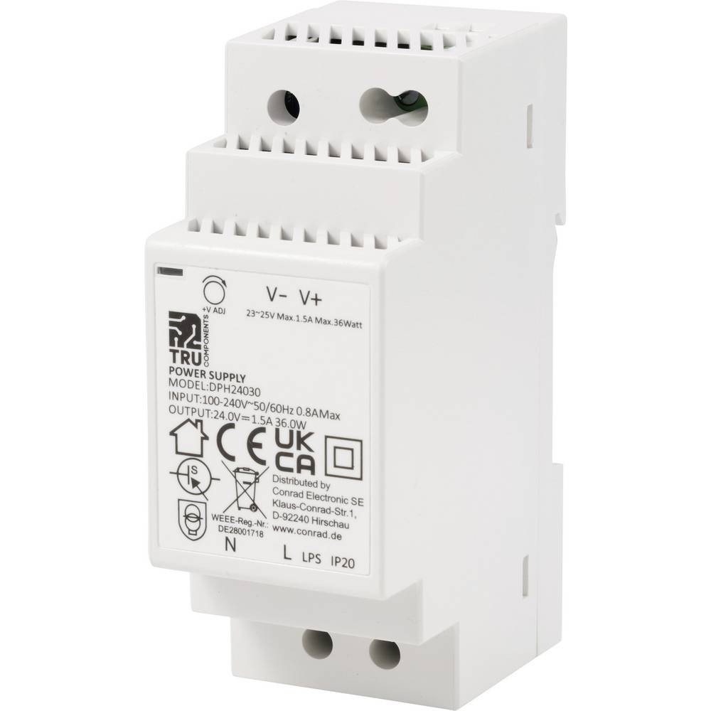 TRU COMPONENTS DPH-24030 DIN-rail netvoeding 24 V/DC 1.5 A 36 W Aantal uitgangen: 1 x Inhoud: 1 stuk(s)