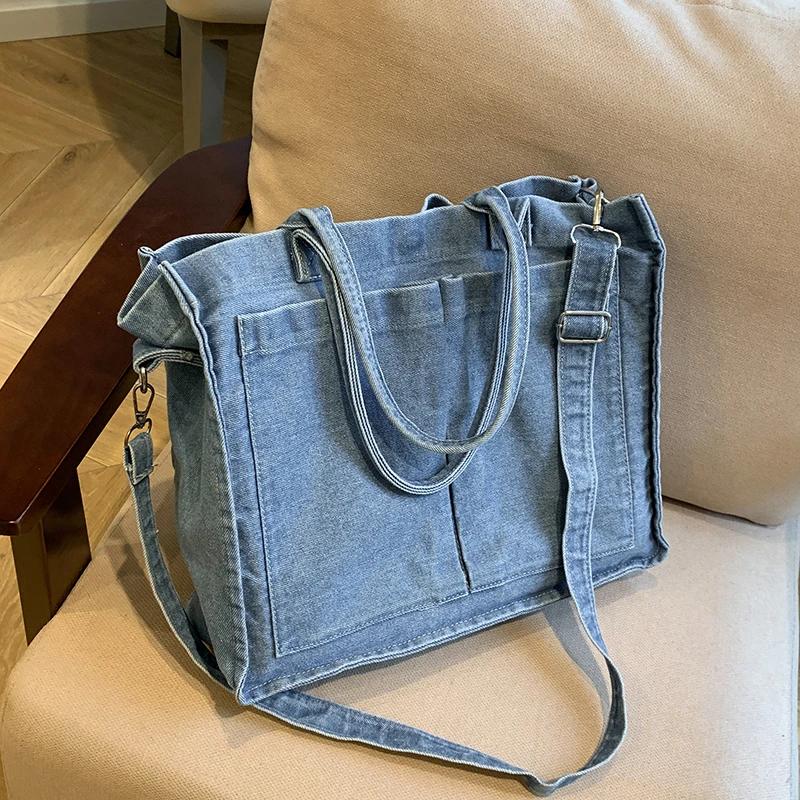 Sports bag Grote denim crossbodytas met rits, effen kleur, veelzijdige, modieuze, zachte, eenvoudige, trendy schoudertas