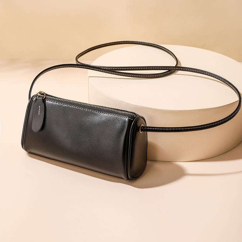 The Bags Family Leren damestassen, tassen, schoudertassen voor dames, koerierstassen, cilindrische tassen, casual modetrendtassen, dames lichtbruine kleur