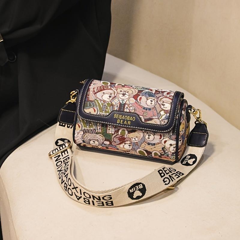 Your favorite bag Kleine schoudertas van beer-jacquard, cartoon klepcilindertas, brede schoudertas voor dames (8,66*5,51*4,33) Duim blauw