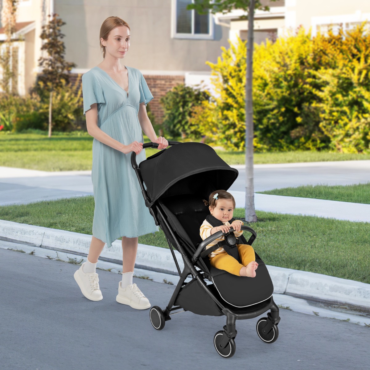 Costway Lichtgewicht Kinderwagen Compacte Reis Kinderwagen met met Eén Hand Inklapbare Zwaartekracht Draagbare Peuter Kinderwagen