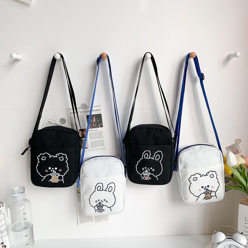 Dream shoe edge Schattige Beer Konijn Print Crossbody Tassen Mini Canvas Vierkante Tas voor Vrouwen Mobiele Telefoon Schoudertassen Dames Portemonnee Telefoontas Handtassen zwart