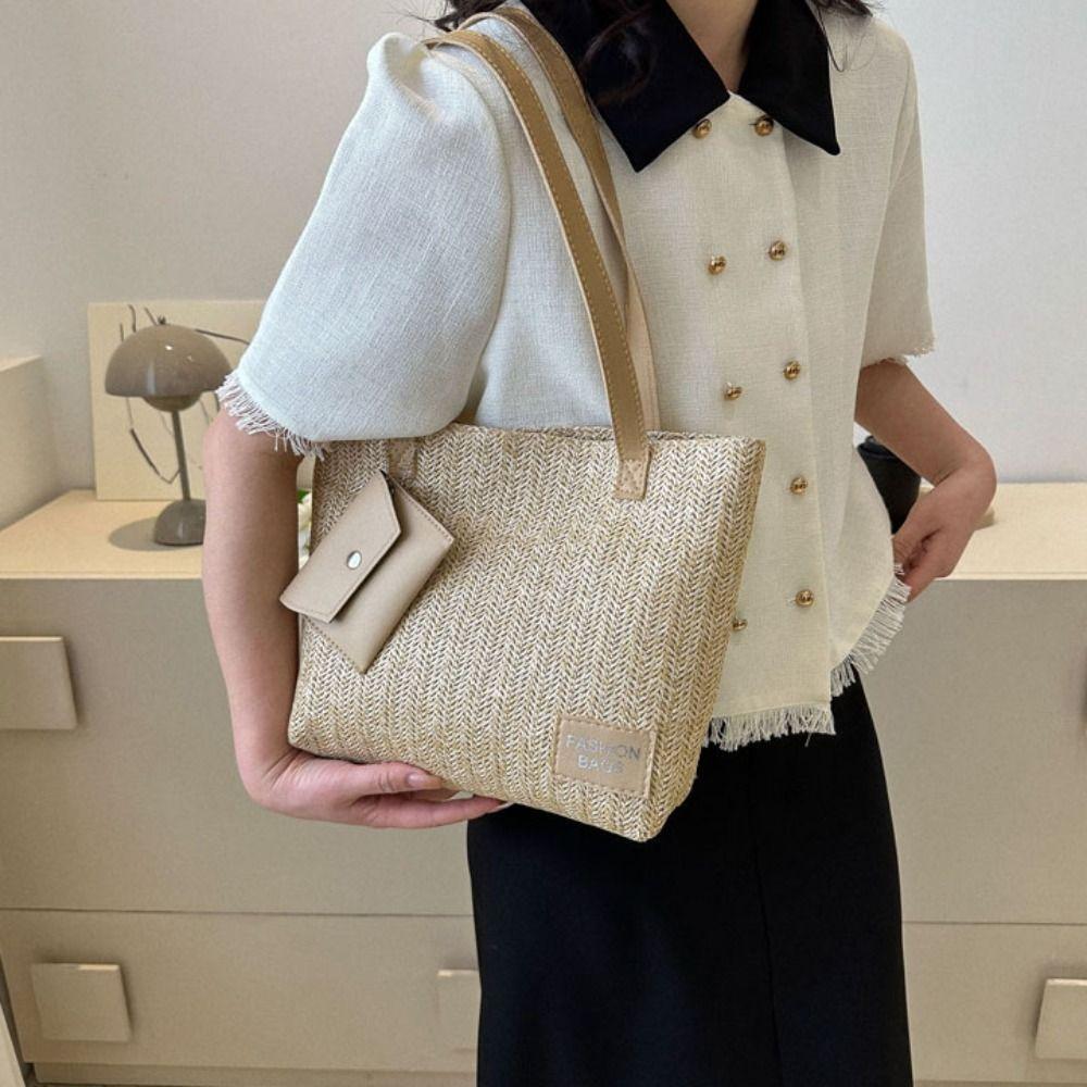 Hongpei with Coin Purse Weave Straw Tote Bag Bohemian Style Raffia Shoulder Bag Fashion Beach Bag  Shopping kaki
