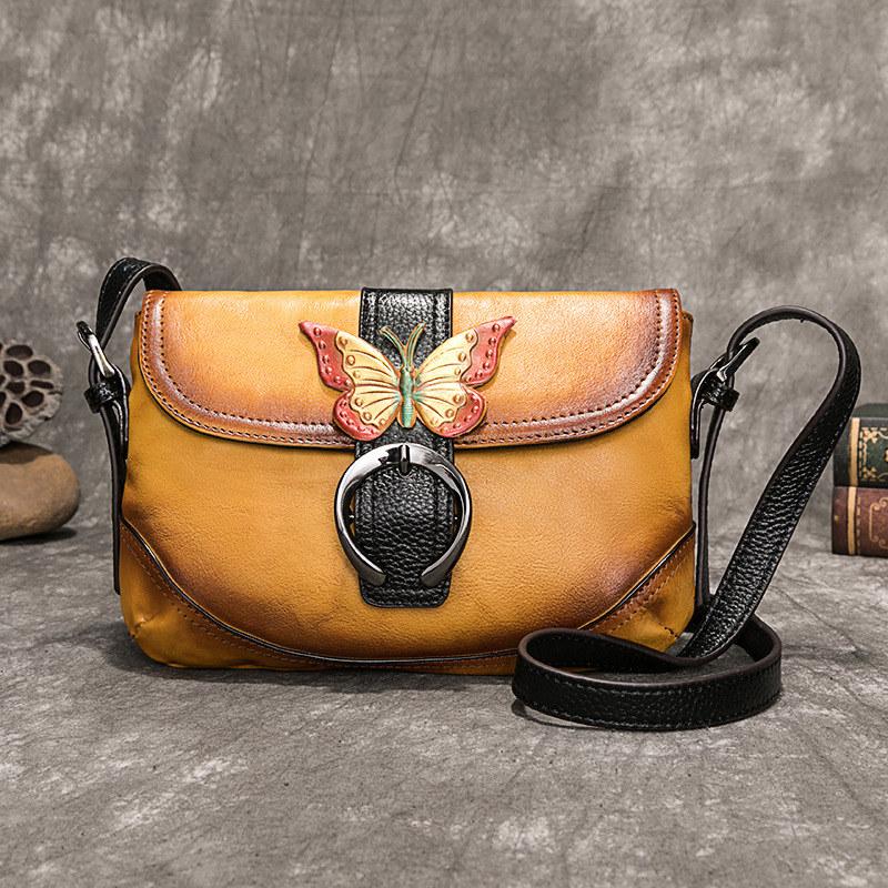 Genuine Leather Bags Echt lederen schoudertassen voor dames Handtassen met vlinderreliëf Mode Vintage design Crossbody Messenger Bag 23*5*15cm rood