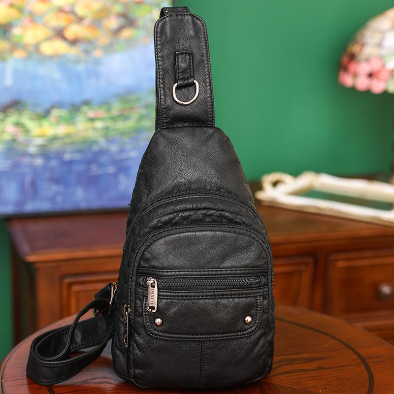 LADIES HANDBAG Zachte leren crossbodytas voor dames, leren borsttas met meerdere zakken, modieuze reistas zwart
