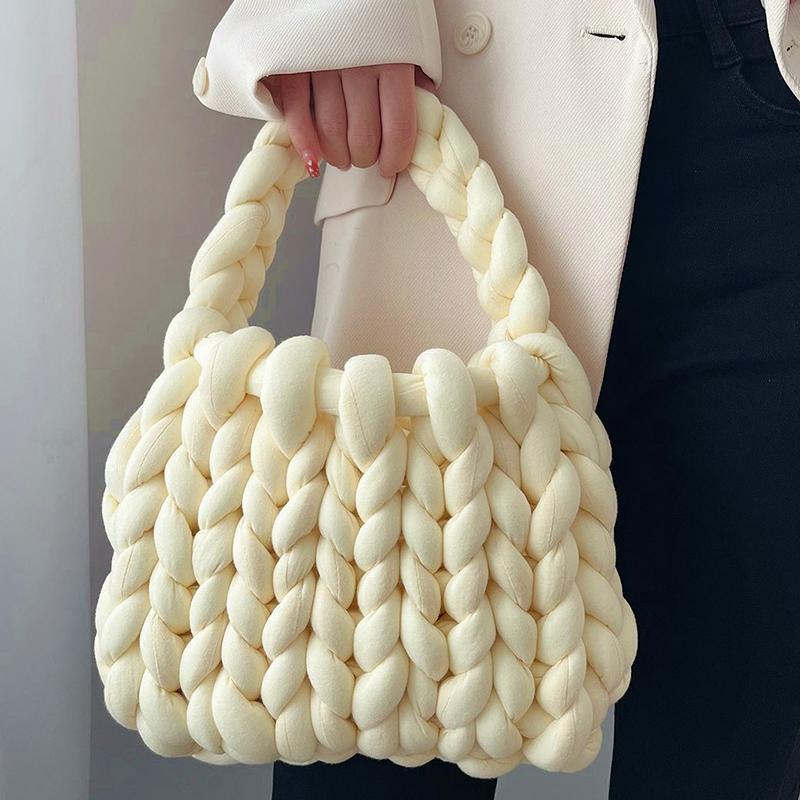 BR43FN Dames Casual Handgeweven Boodschappentassen Mode Zachte Schouder Handtas Zelfgemaakte Haak Emmer Tas Gebreide Okseltassen 22x13x18cm wit