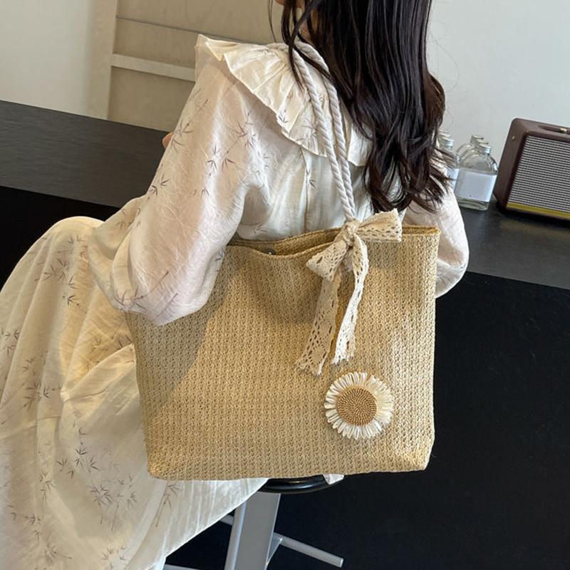 BR43FN Elegante dames stro geweven handtas vrouwen vakantie strand woon-werkverkeer casual tote top-handvat tassen mode retro schoudertassen 45x9x30cm kaki