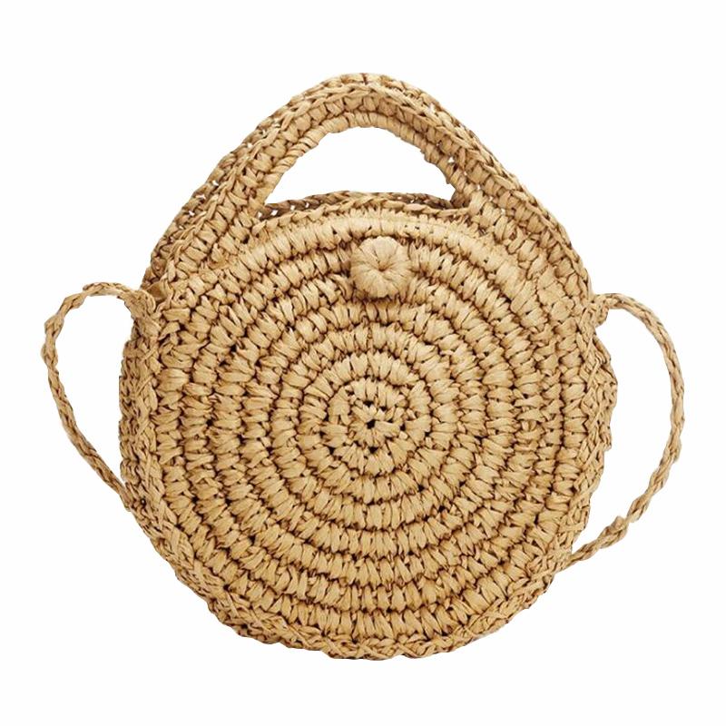 BR43FN Handgemaakte rotan geweven ronde dames handtas stro gebreide zomer strandtas dames schouder tas 25*5*25cm lichtbruine kleur