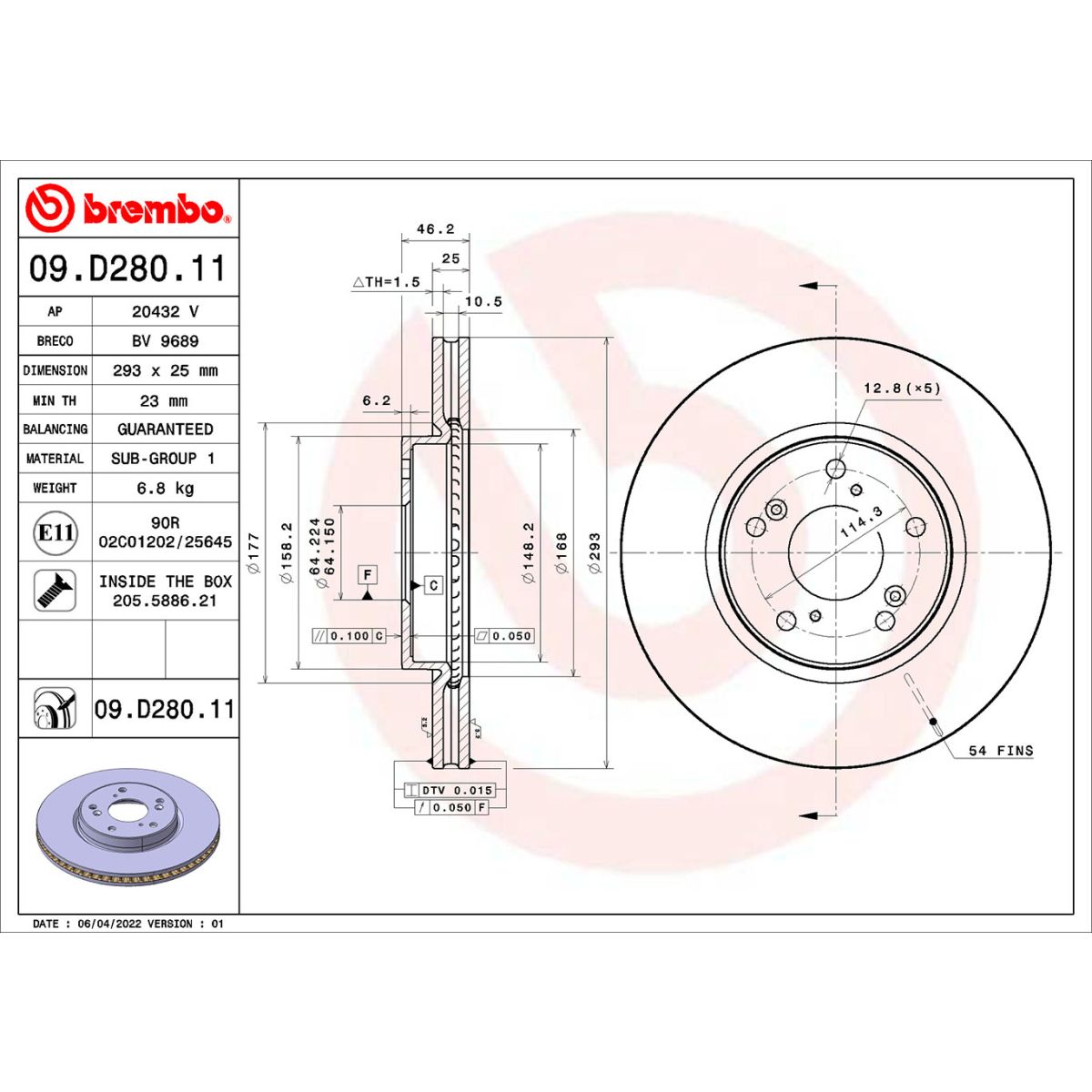 Brembo Remschijf  09.D280.11 voorkant, geventileerd, 1 stuk