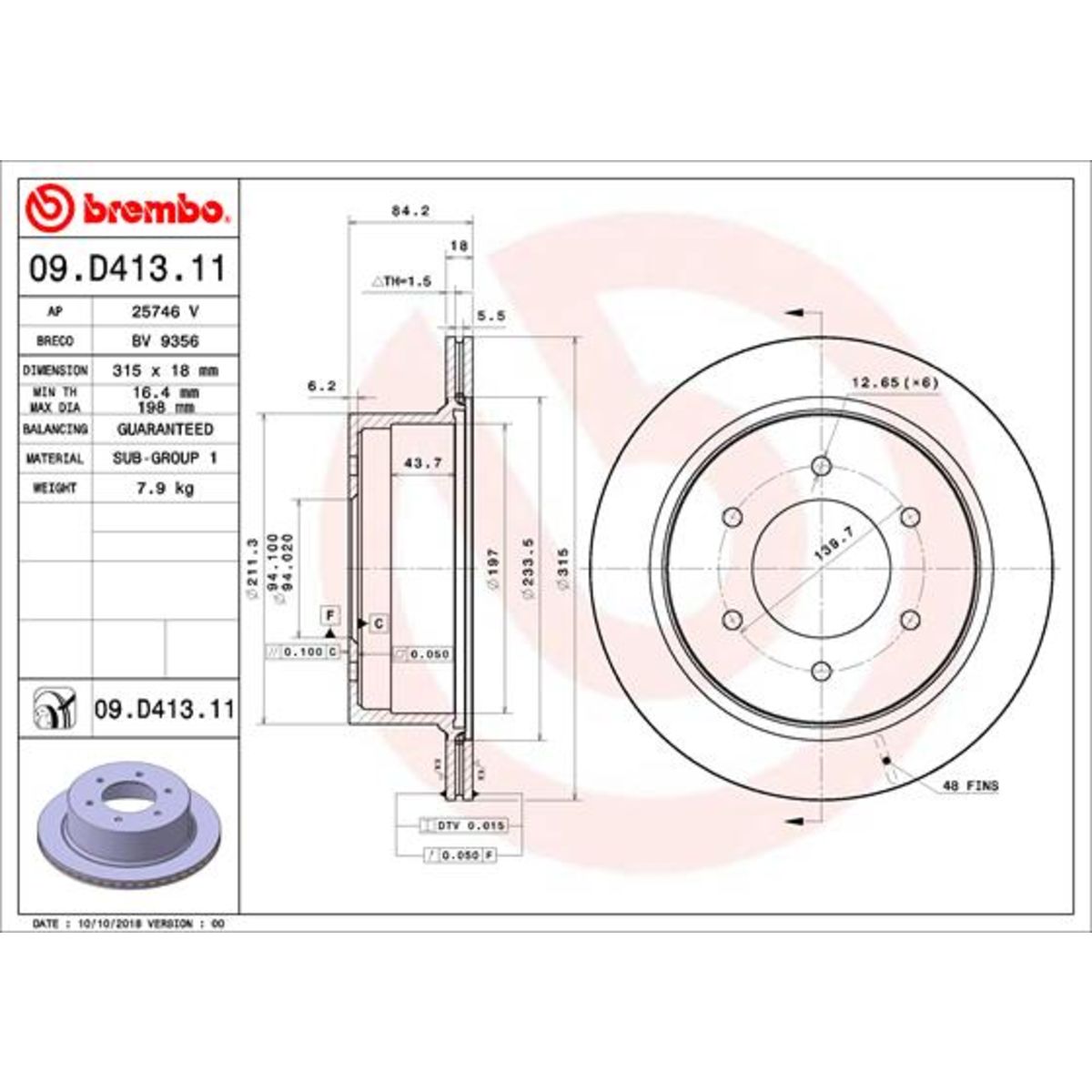 Brembo Remschijf  09D41311 achter, geventileerd, 1 Stuk
