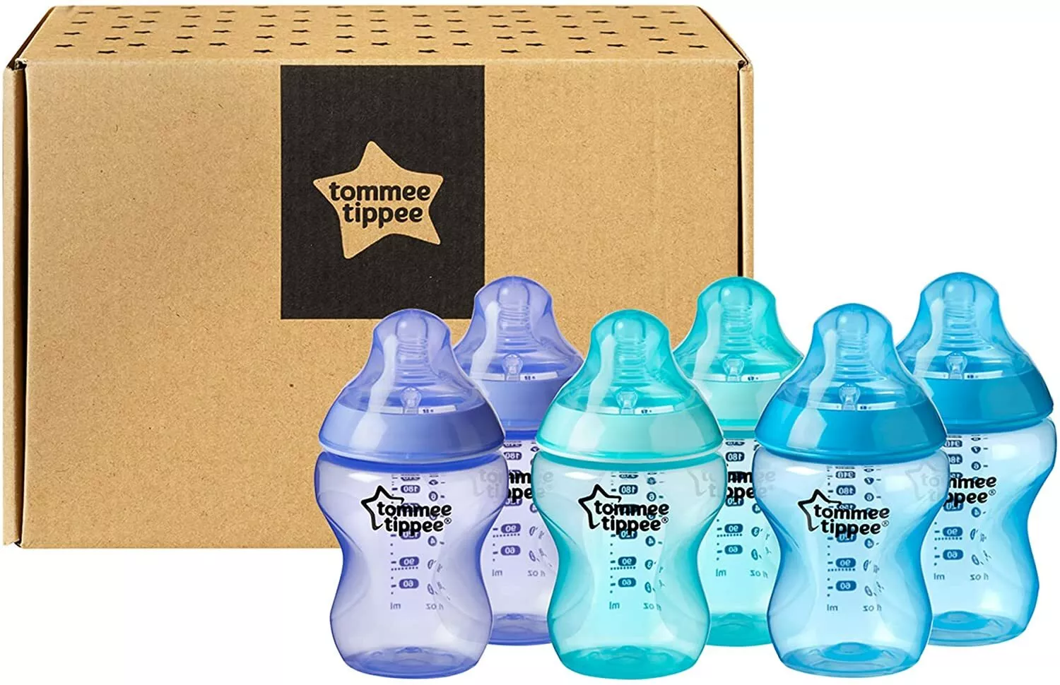 Tommee Tippee Closer to Nature-zuigflessen, 260 ml, verpakking van 6 stuks, blauw, paars & turquoise