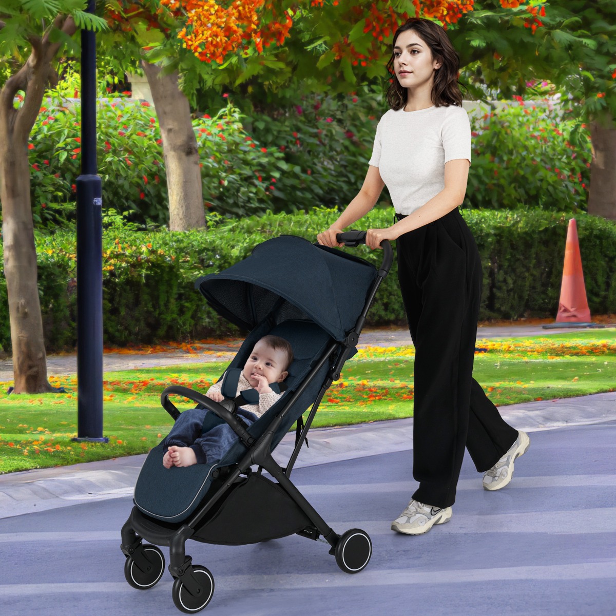 Costway 103 cm Lichtgewicht Kinderwagen Compacte Reis Kinderwagen met met Eén Hand Inklapbare Zwaartekracht Draagbare Peuter Kinderwagen