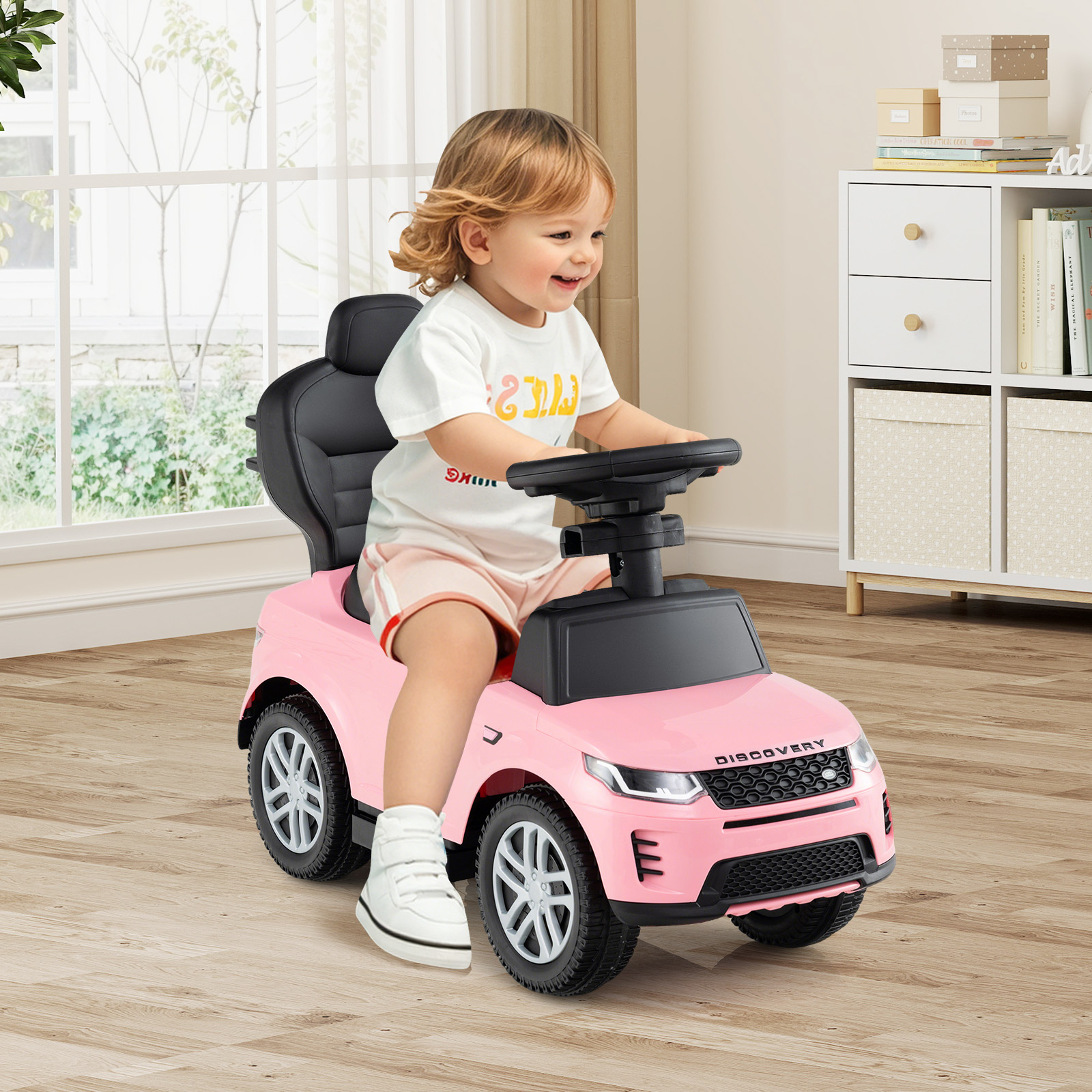 Costway 3-in-1 Loopauto met Duwstang Loopvoertuig met Afneembare Handgreep Roze Loopauto