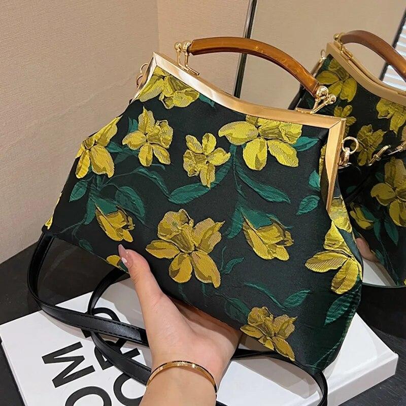 RUWB BAGS Vintage Designer Vrouwen Keten Schoudertassen Clutch Crossbody Tassen Bruiloft Lock Shell Clip Designer Paars Gele Bloem Handtassen paars