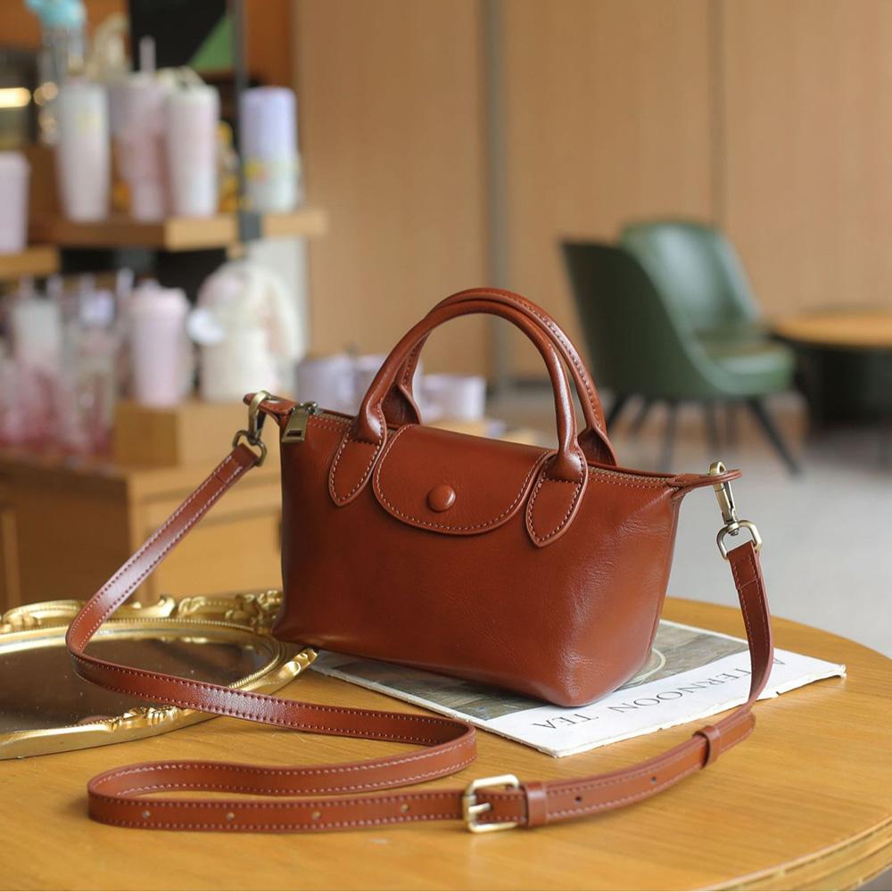 AMONCHY Mini Echte Lederen Dames Schoudertassen Koe Lederen Portemonnee Crossbody Tas Vintage Kleine Handtas Dumpling Tassen zwart