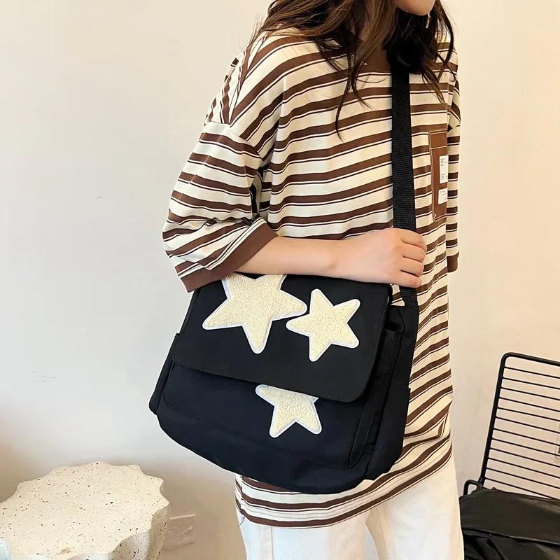 Kuake Duan Vrouwen Sterpatroon Y2k Messenger Bag Casual Tote Lady Eenvoudige Grote Capaciteit Schoudertas Meisje Reis School Boekentas Handtas wit