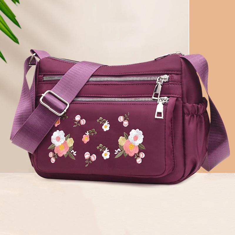 NK39UR Mode geborduurde schoudertas voor dames Nylon bloemen Crossbody tas Multifunctionele messenger bag Shopping telefoon handtas 27*11*20cm rood