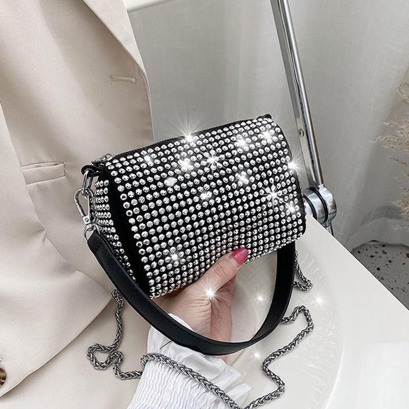 NK39UR Luxe Bright Diamond Schoudertas Dames PU Leren Crossbody Tas Mode Kettingen Messenger Handtas Elegante Okseltas 18*9*12cm wit
