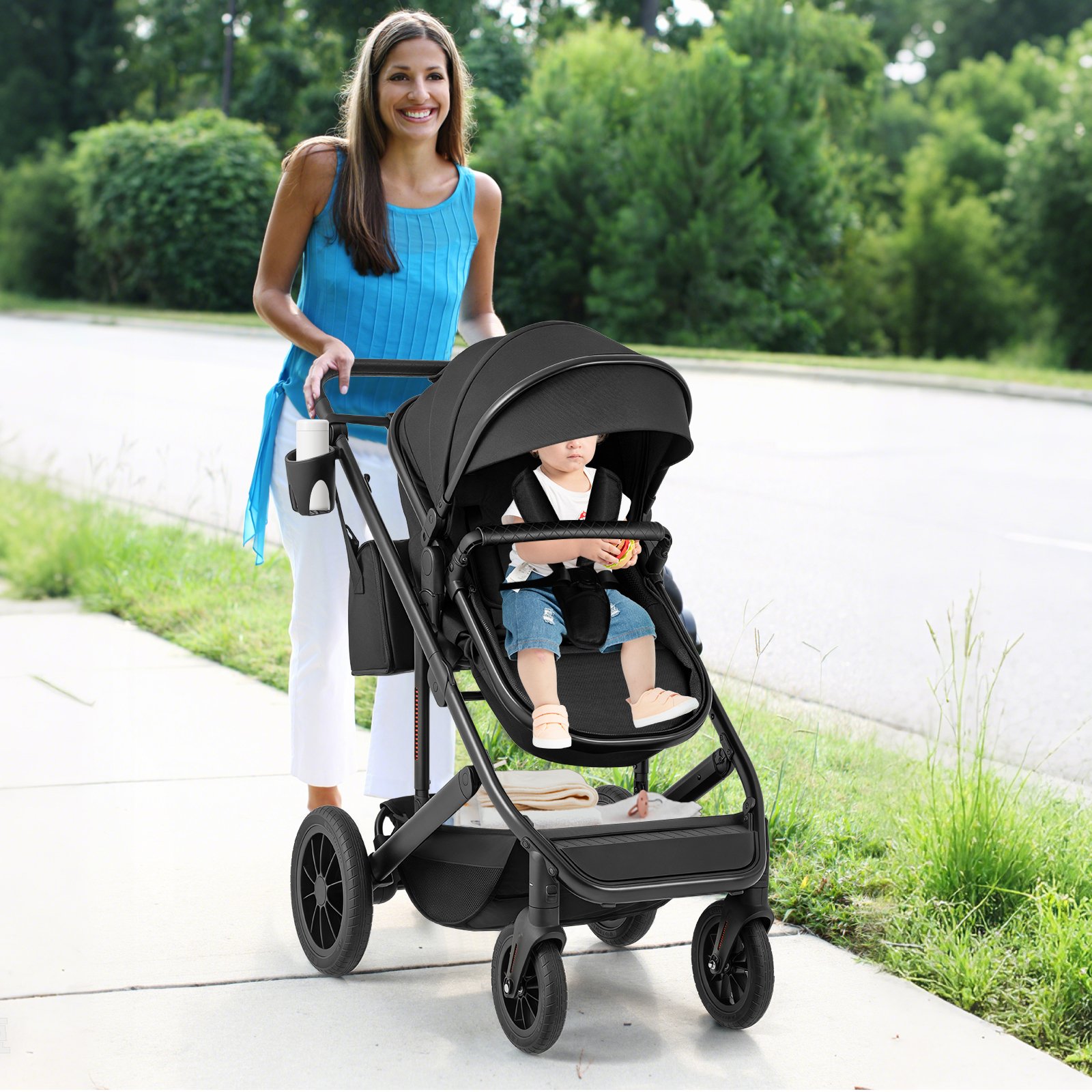 Costway 3-in-1 Kinderwagen Opvouwbaar Combikinderwagen met Omkeerbare Zit- en Ligfunctie Reisbuggy met Verstelbare Rugleuning Zwart