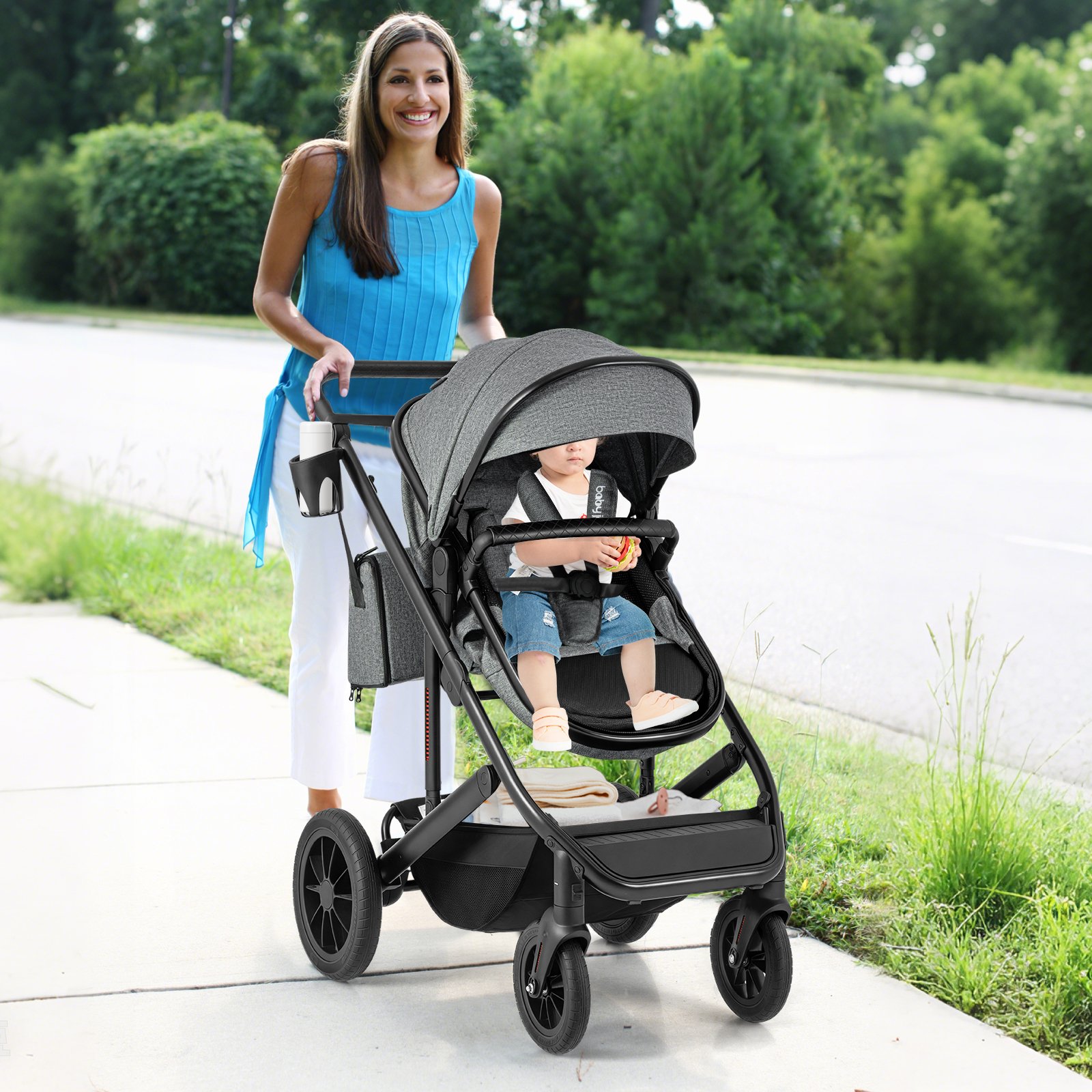 Costway 3-in-1 Kinderwagen Opvouwbaar Combikinderwagen met Omkeerbare zit- en Ligfunctie Reisbuggy met Verstelbare Rugleuning Grijs