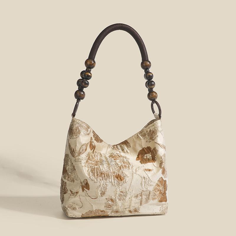 Fancy Lady Retro jacquard okseltas nieuwe Chinese stijl houten kraal gevlochten ketting schoudertas voor dames one size donkerbruine kleur