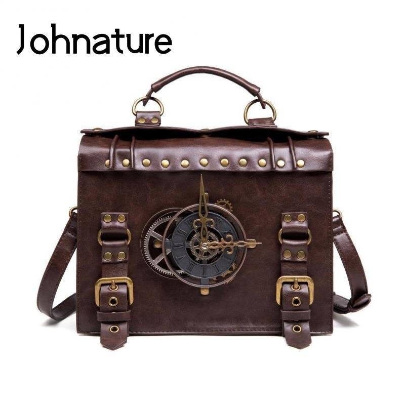 Johnature Damestas Pu Leer Steampunk Industriële Retro Handtas Grote Capaciteit Hasp Vrouwelijke Schouder Messenger Bags koffie